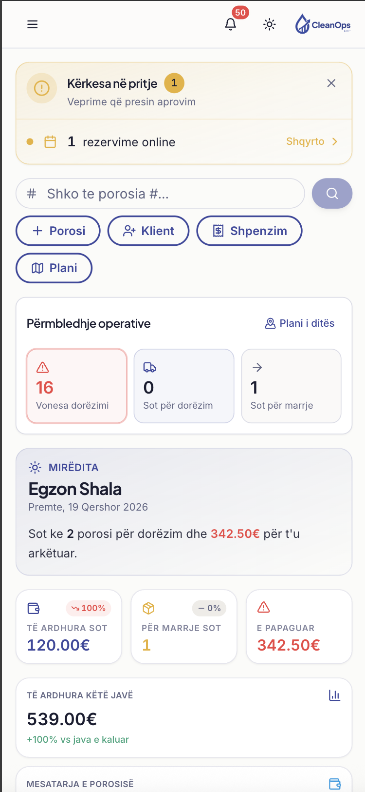 CleanOps mobile dashboard showing today's pickups and revenue
