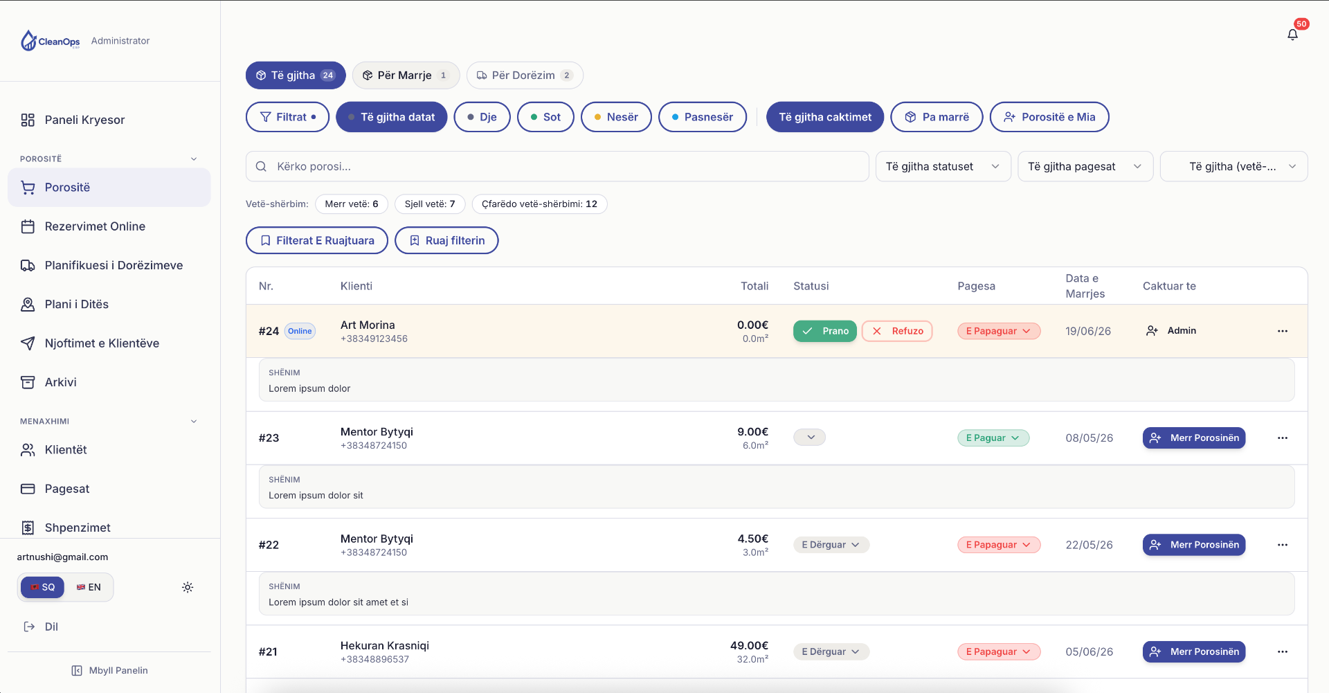 CleanOps orders dashboard with pickup-date sorting and team assignment