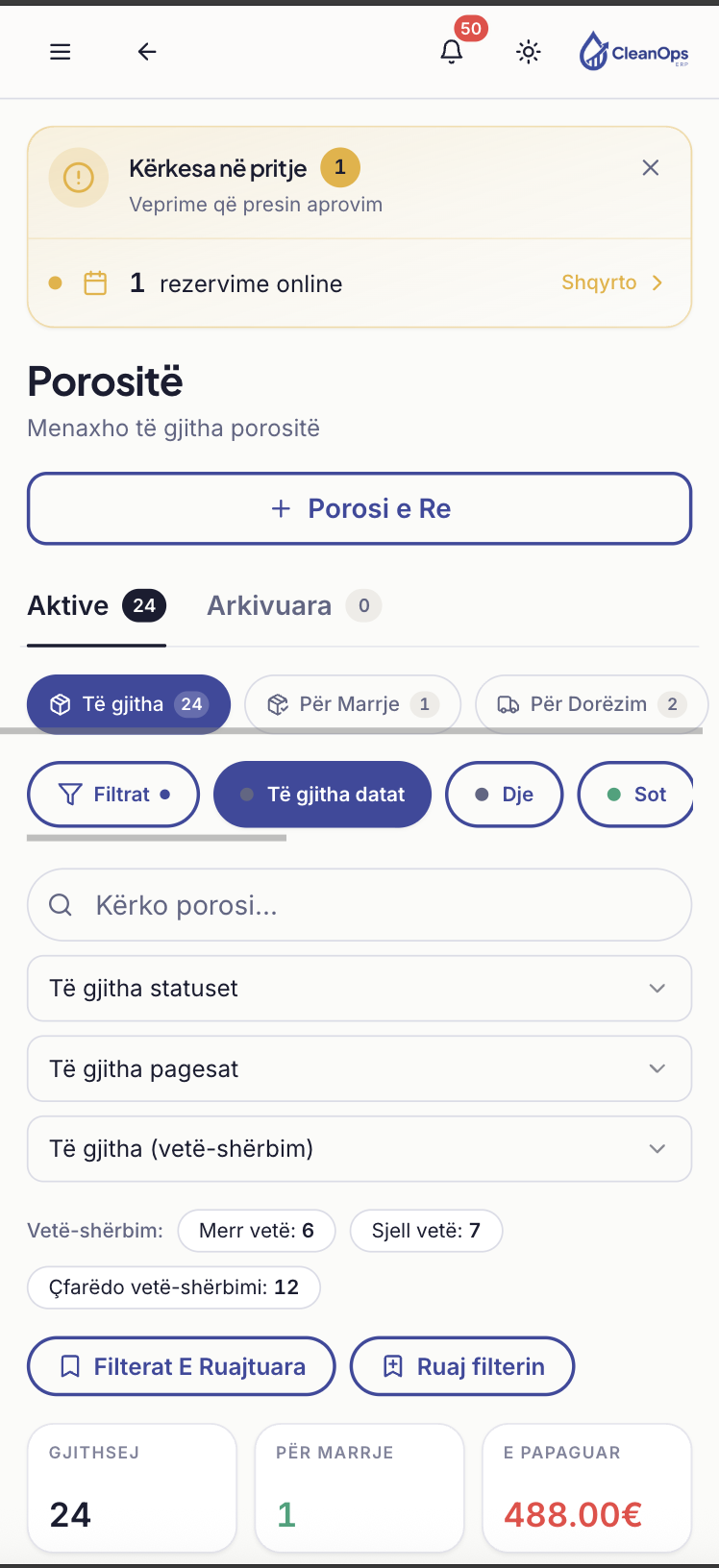 CleanOps mobile orders list